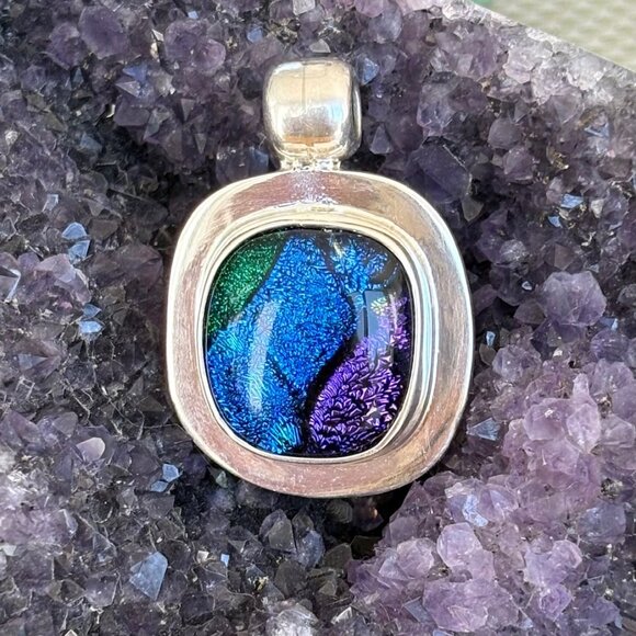 Vintage Dichroic Pendant Sterling Silver Blue Purple Glass Vintage - Picture 6 of 8